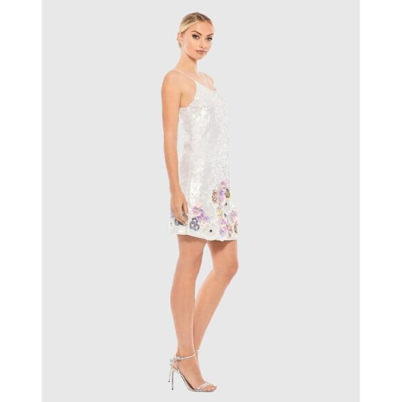 Mac Duggal White Sequin Mini Dress with Pastel Floral Appliqués - Picture 4 of 13